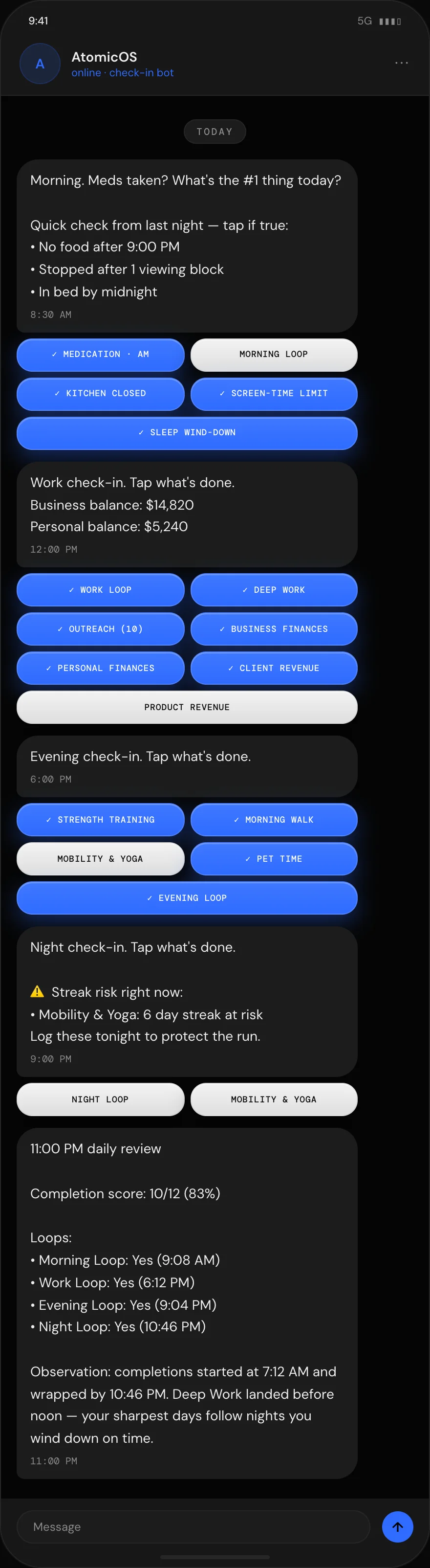 Phone mock of the AtomicOS chat check-in thread with tap-to-track inline buttons.