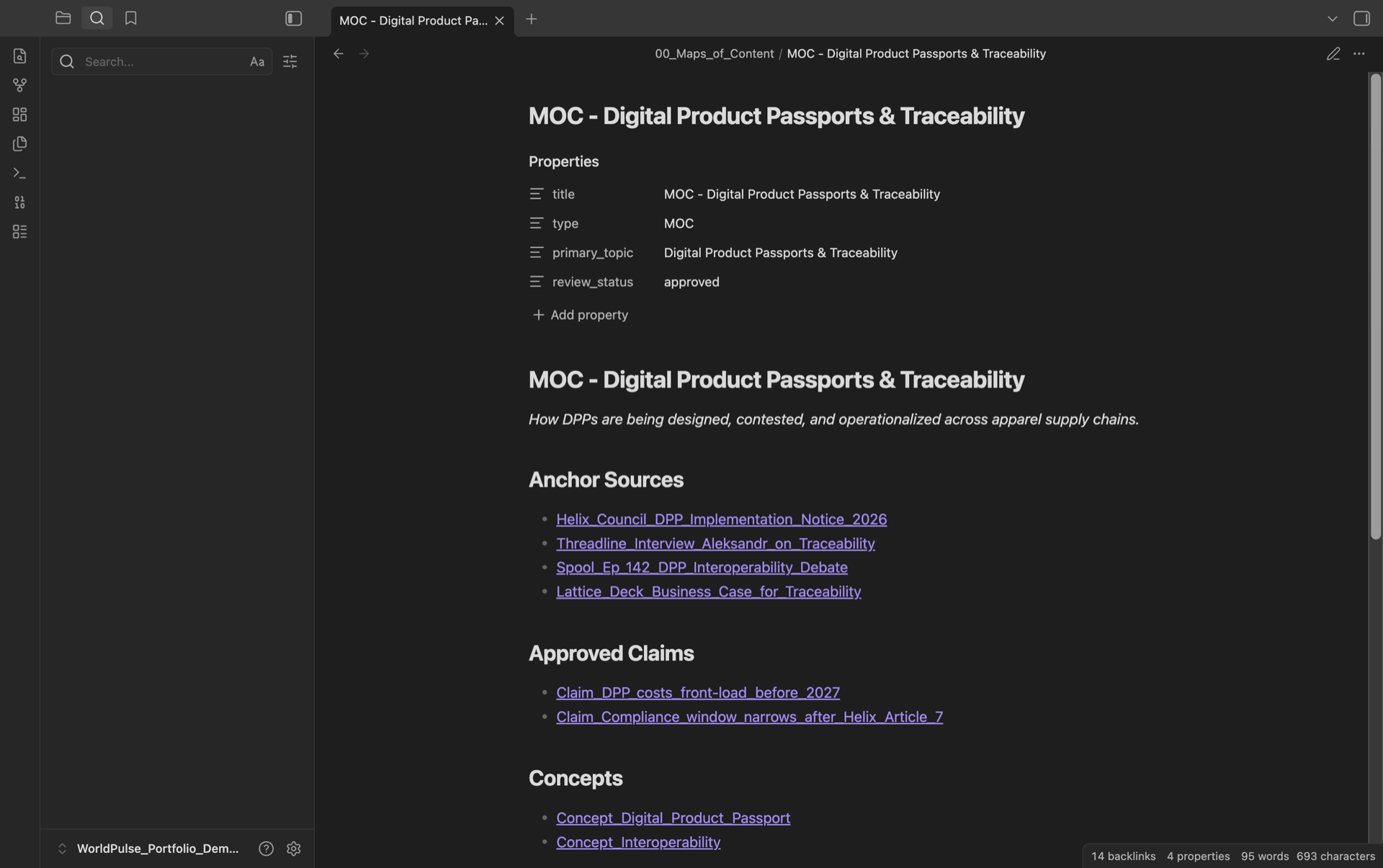 A Cortex Map of Content weaving anchor sources, approved claims, and concepts into one living topic document.