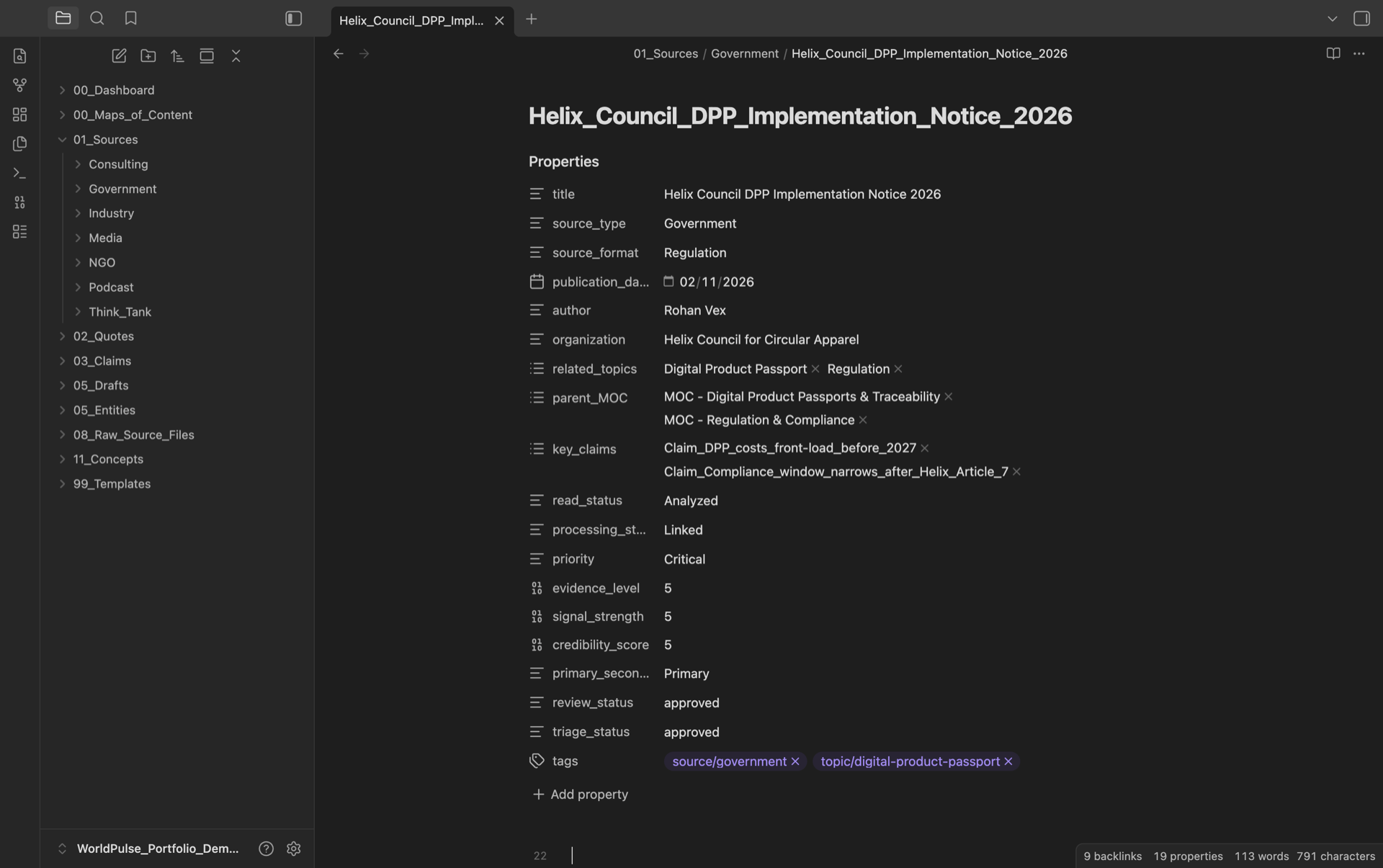 A typed Cortex source note in Obsidian with structured frontmatter for provenance, format, evidence rating, and linked topics and claims.