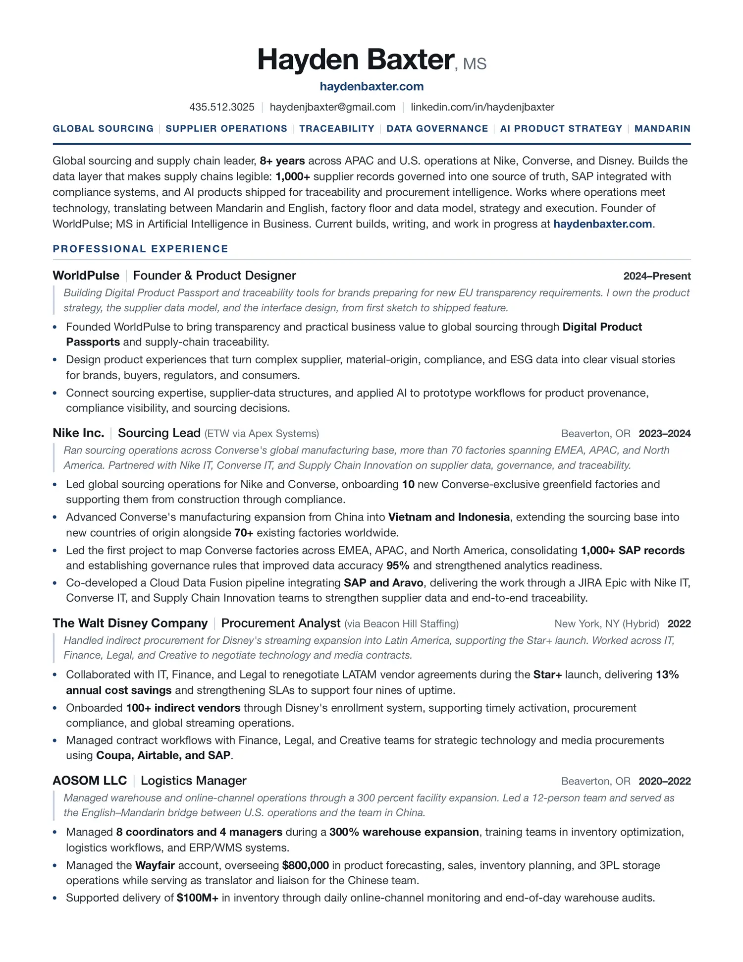 Page one of Hayden Baxter's resume. Opens the full PDF.